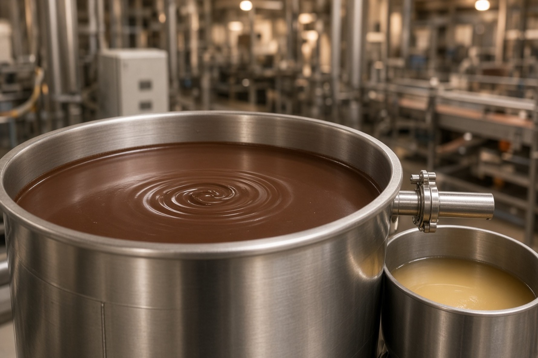 Cocoa butter substitute and molten compound chocolate on an industrial confectionery line