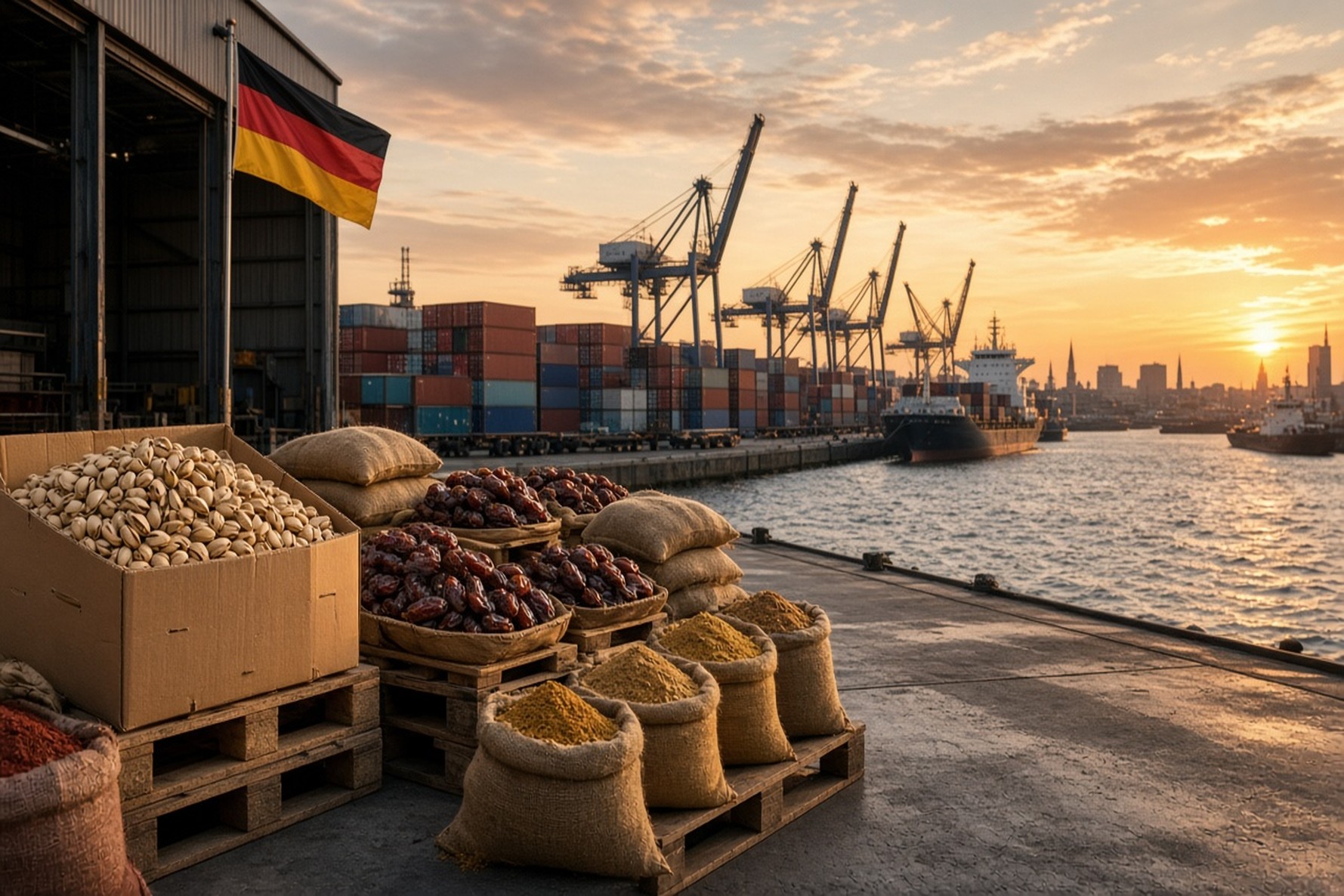 Hamburg container port with dried fruit and food cargo for Germany and EU food import supply chain