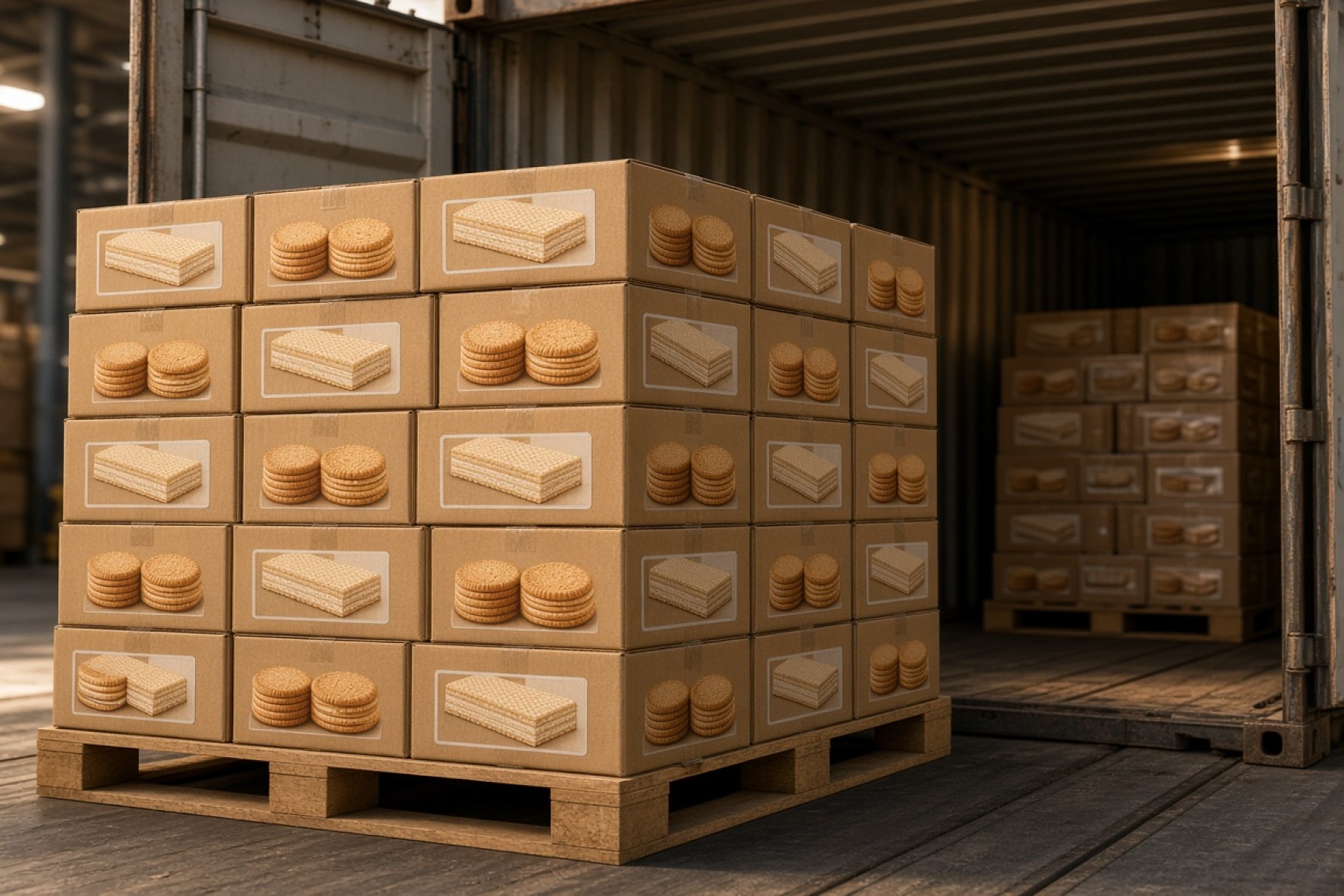 Pallet of biscuit and wafer cartons ready for export from Iranian food factories