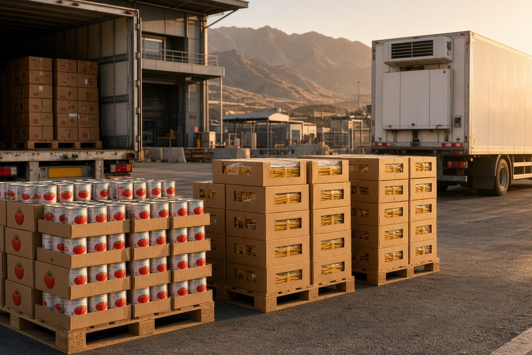 Iranian packaged food cargo trucks at a border logistics yard for export to Afghanistan