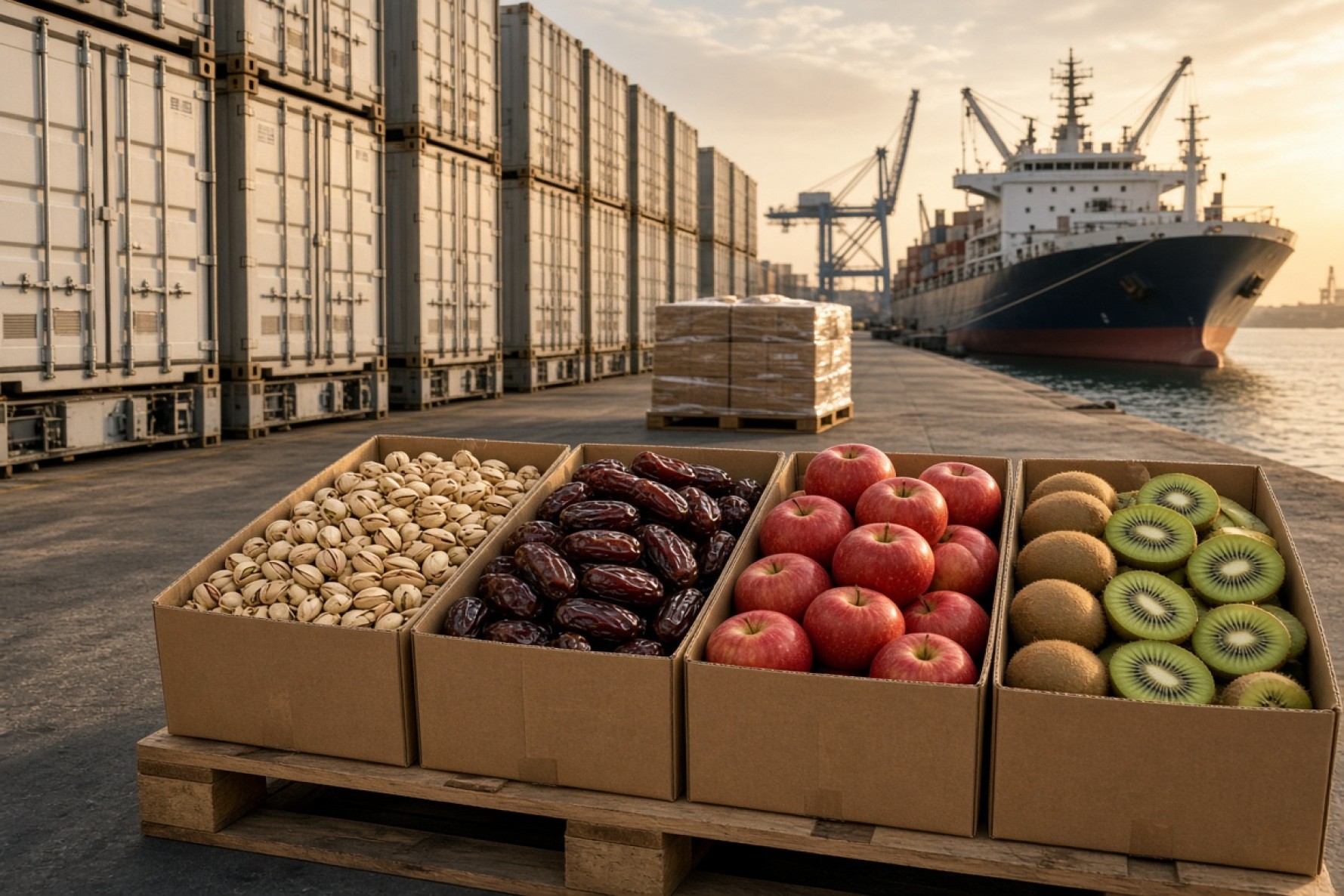 صادرات مواد غذایی ایران به هند — پسته، خرما و میوه در بسته‌بندی کانتینری