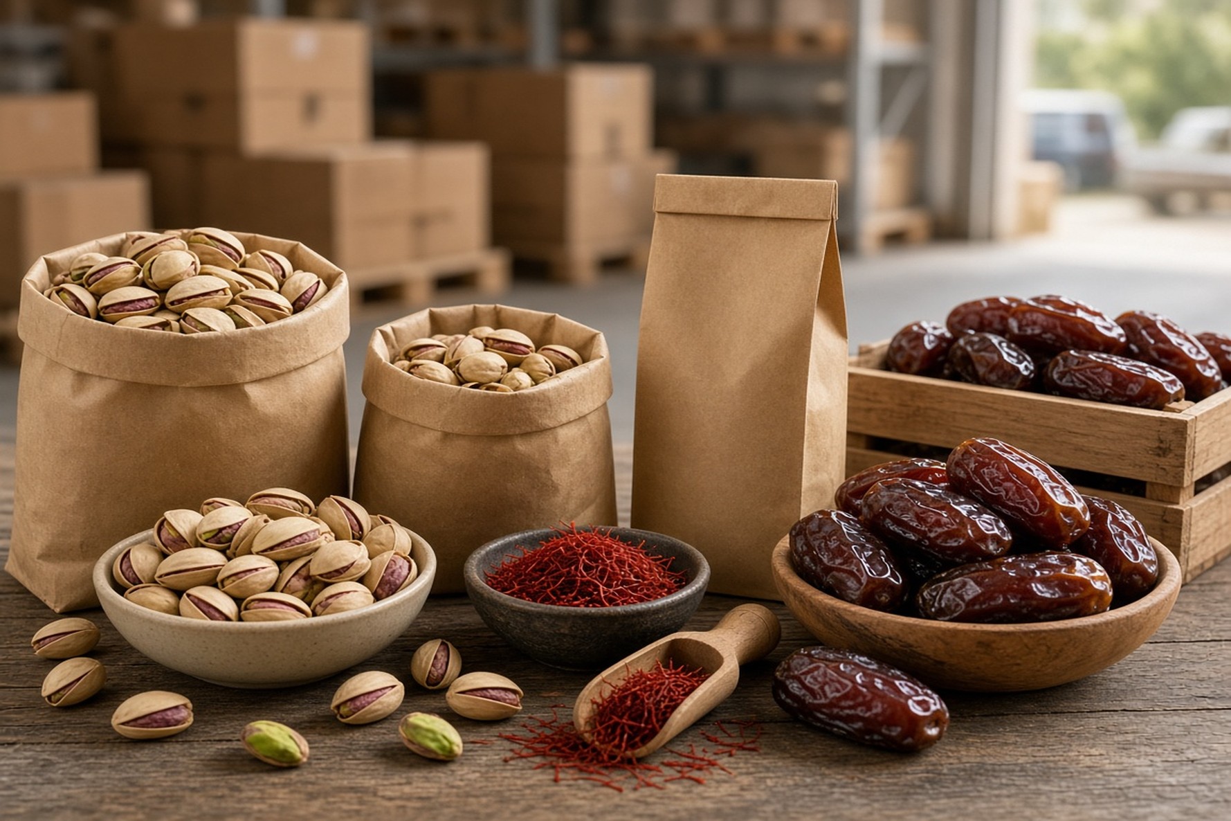 پسته، زعفران و خرما در بسته‌بندی صادراتی حرفه‌ای برای بازار مواد غذایی فرانسه و اتحادیه اروپا