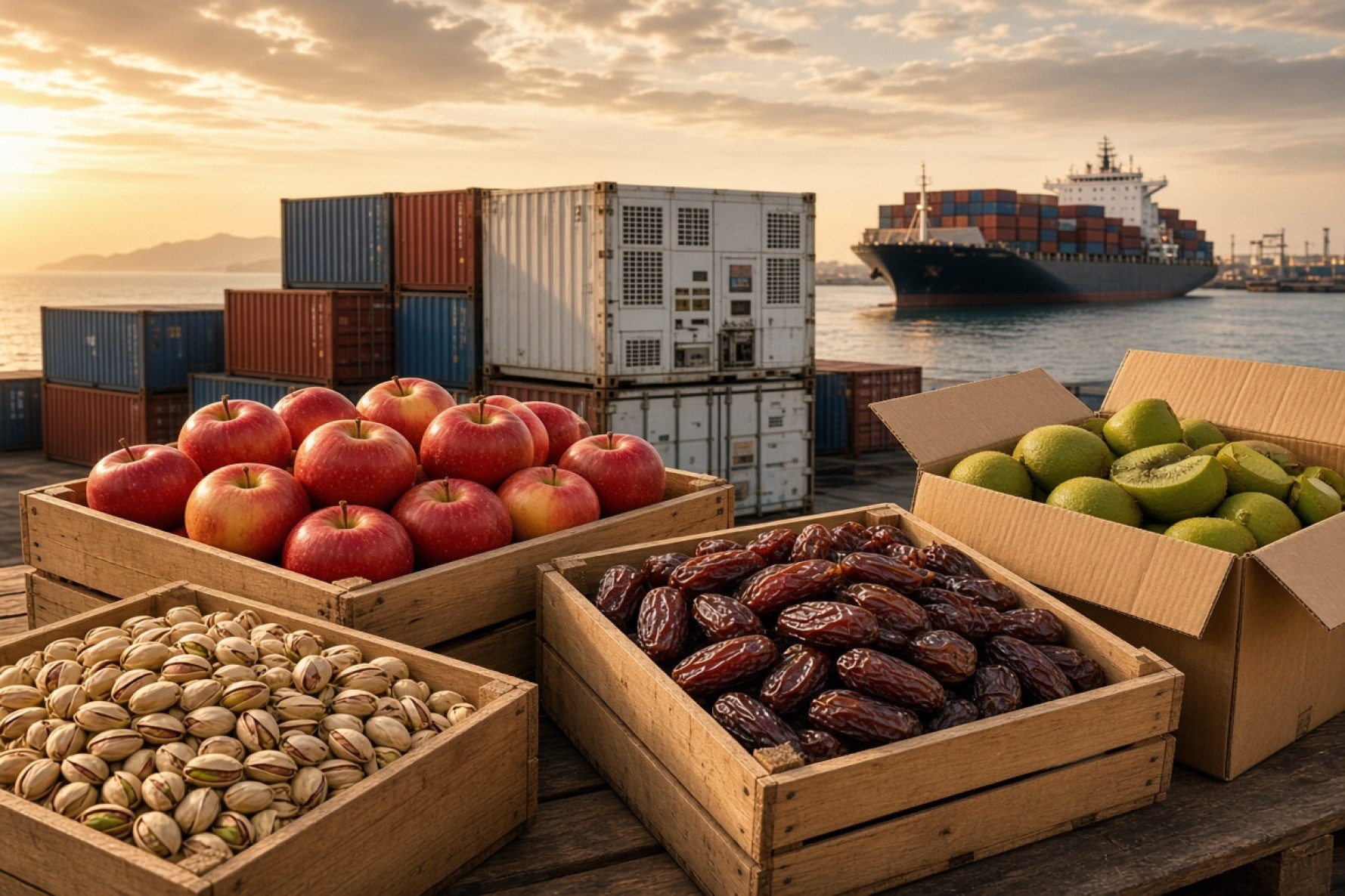 پسته، سیب، خرما و کیوی ایرانی در بسته‌بندی صادراتی برای بازار مواد غذایی هند