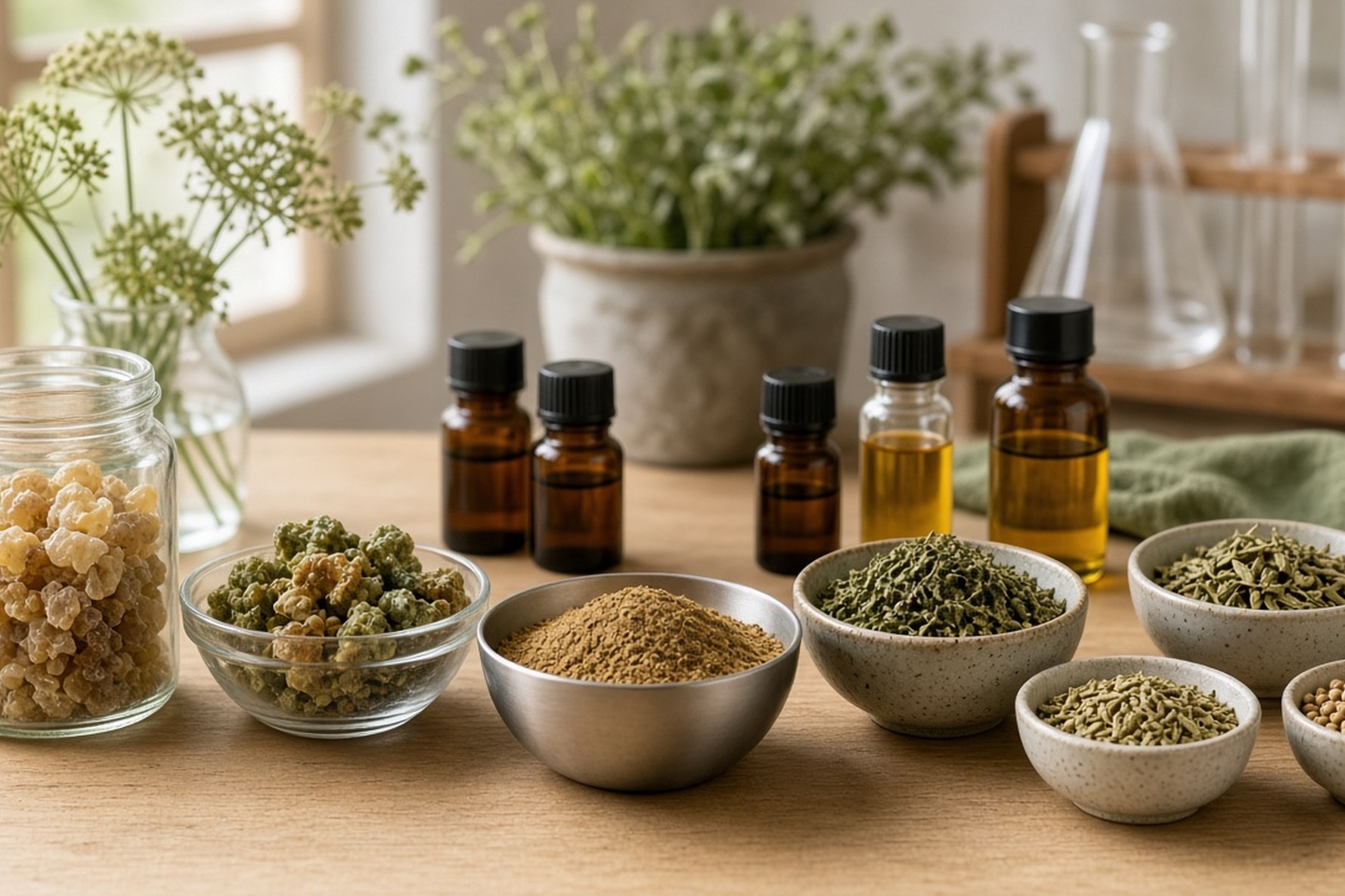İhracat laboratuvar masasında İran asafoetida sakızı, uçucu yağlar, kimyon ve tıbbi bitkiler