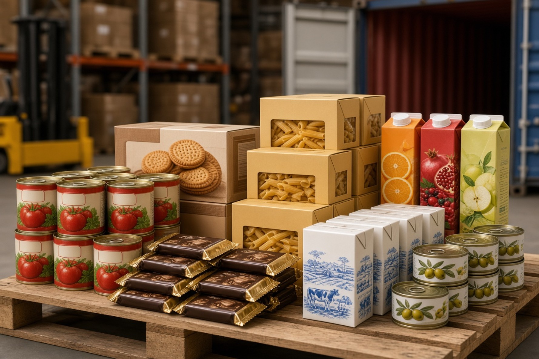 Палета иранских упакованных продуктов — томатная паста, печенье, макароны, сок и молочные изделия, готовые к экспорту