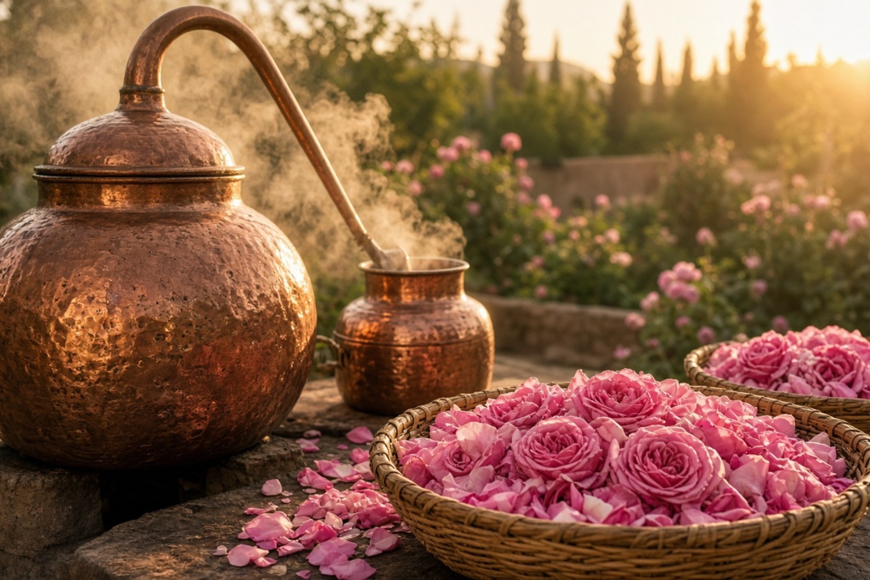 Traditional rose water distillation in an Iranian damask rose garden with copper still and fresh petals