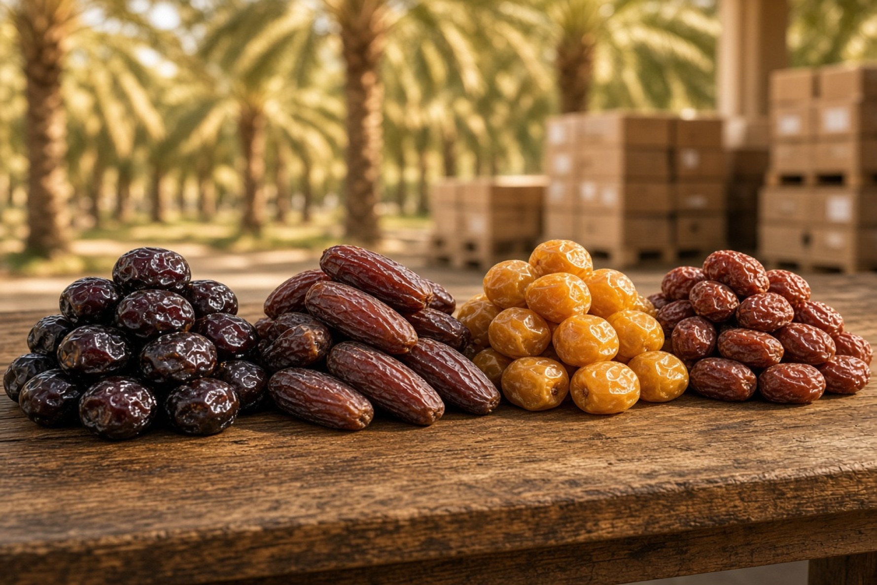 انواع خرمای ایرانی — مضافتی، پیارم، زاهدی و ربی در بسته‌بندی صادراتی