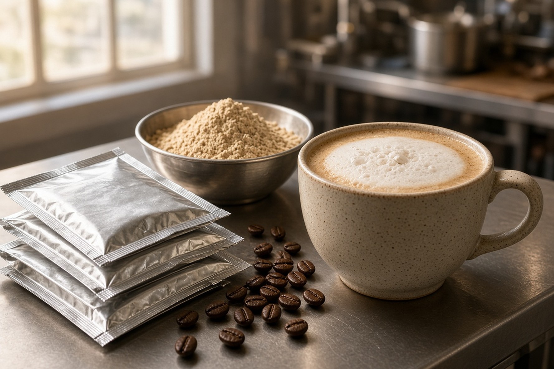 Instant cappuccino sachets and a foamy cup on an industrial counter with coffee beans