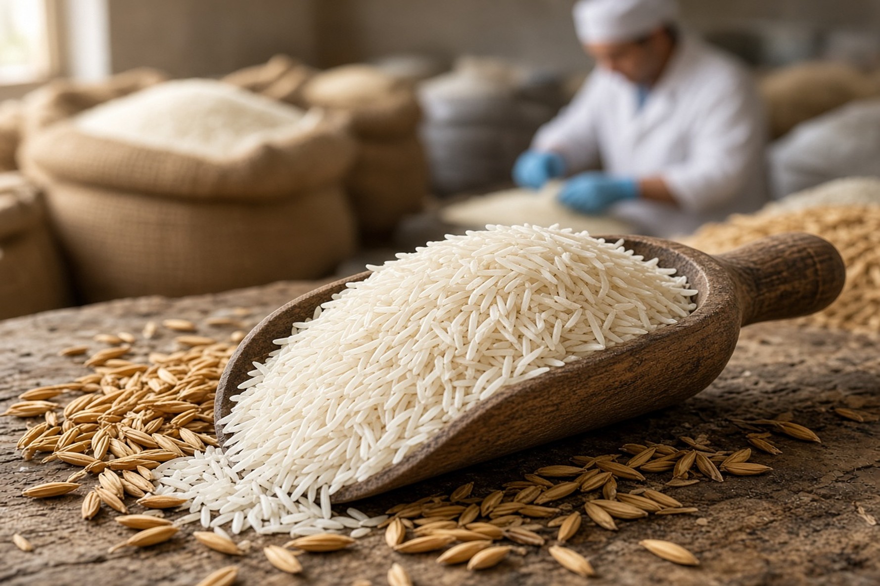 Premium Iranian long-grain rice with golden paddy in a wholesale trading setting