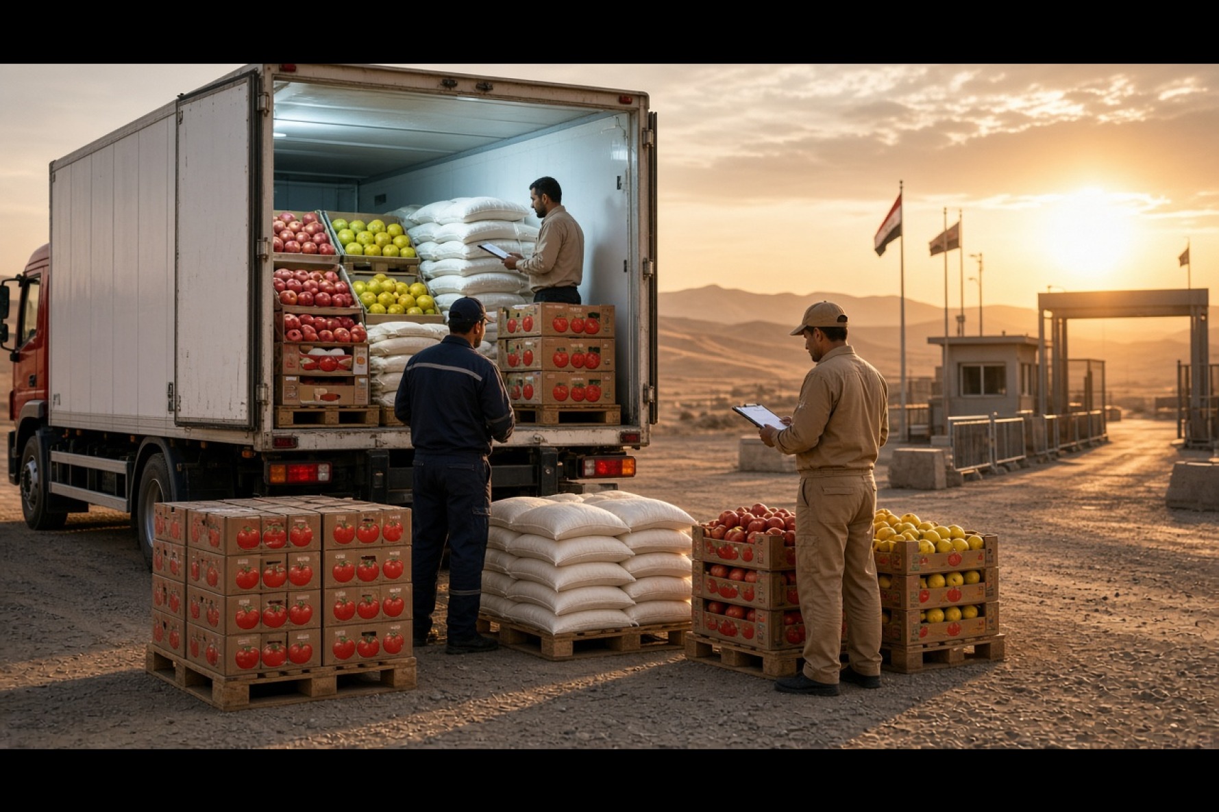 کامیون حمل مواد غذایی در مرز تجاری با محموله سیب، مرکبات، برنج و رب گوجه برای بازار عراق