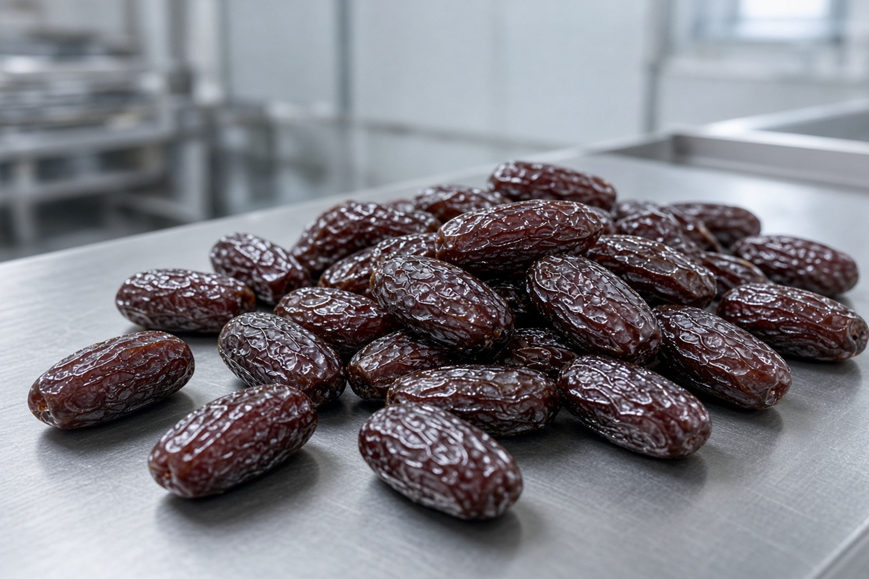خرمای پیارم صادراتی تیره روی میز سورتینگ سردخانه حاجی‌آباد