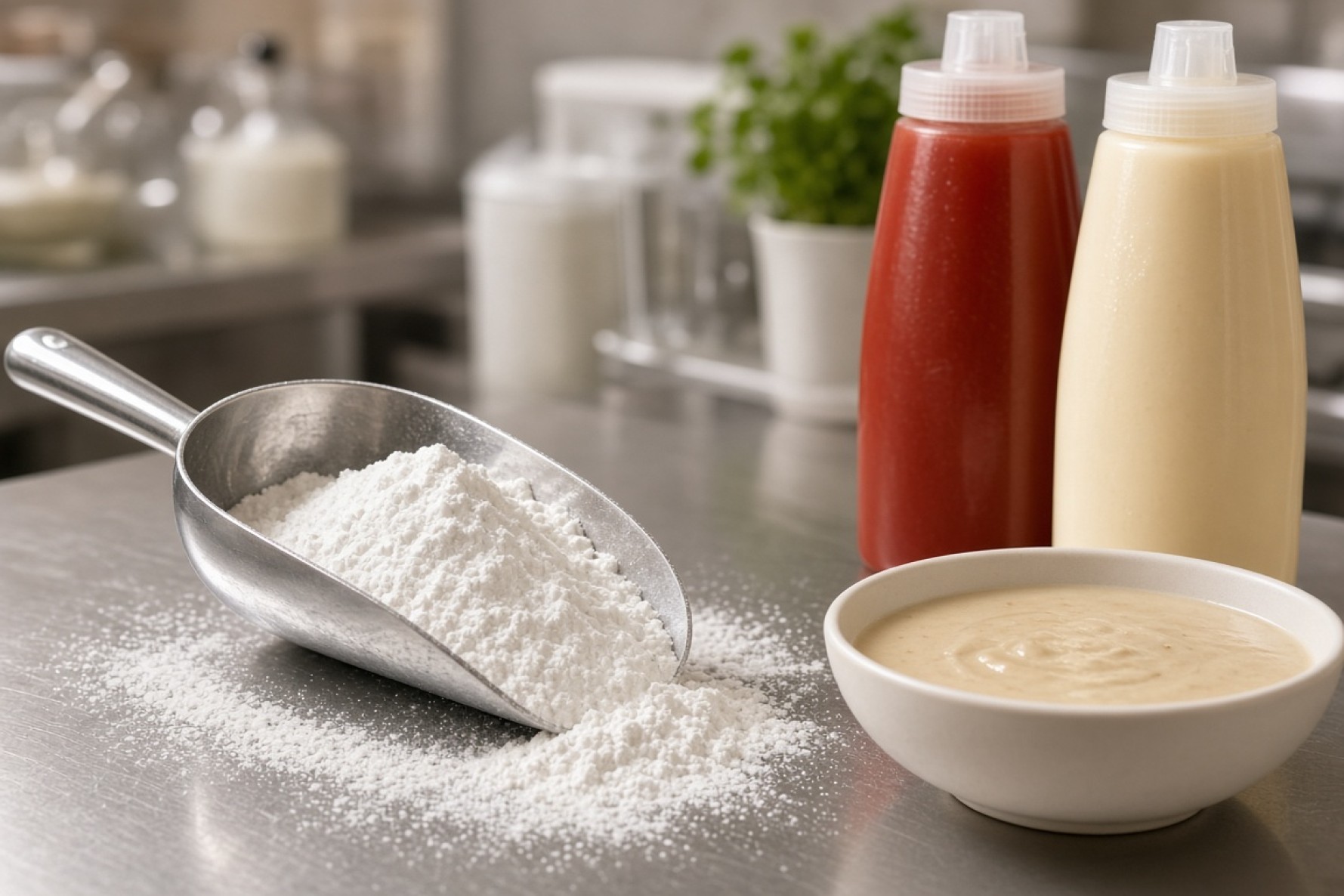 White potato starch powder beside industrial sauces and soup in a food-ingredient QC setting