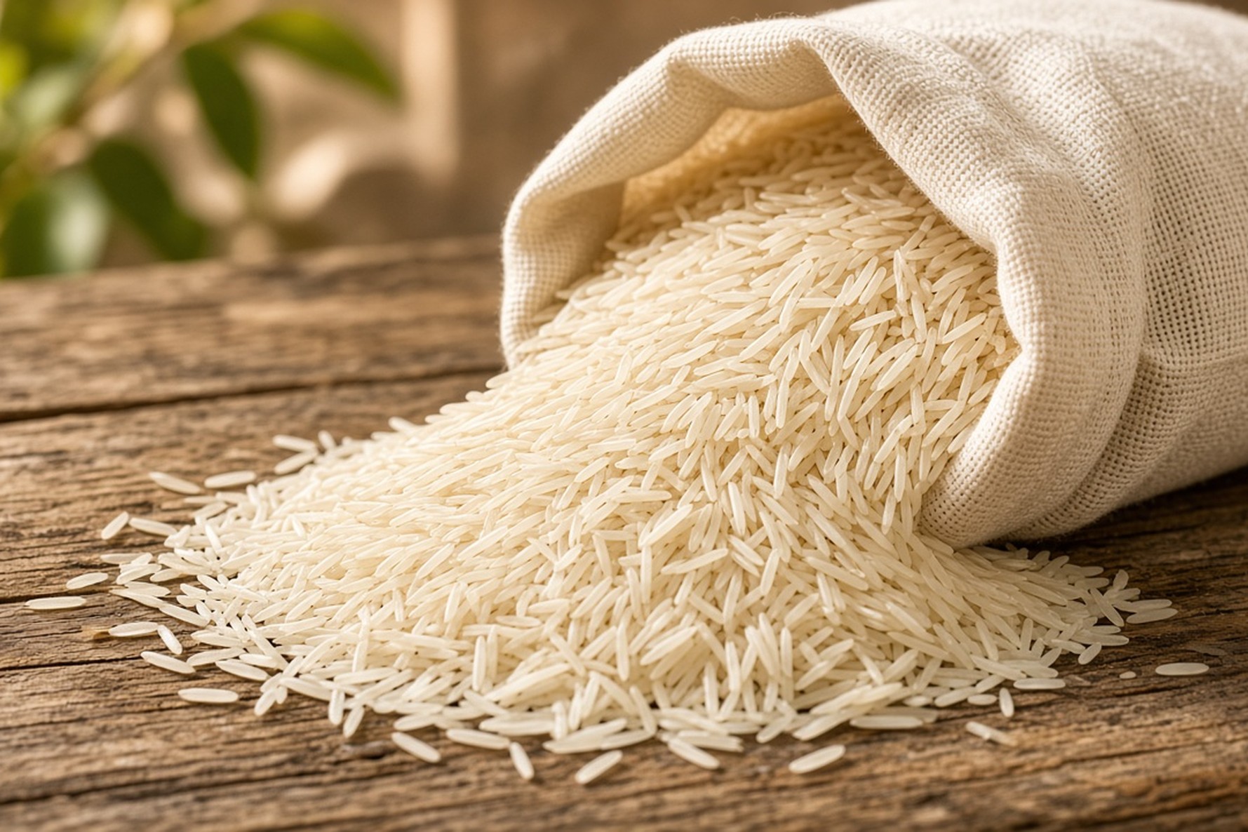 Mazandaran Tarom Sangi rice — slender bone-white long grains in a muslin sack