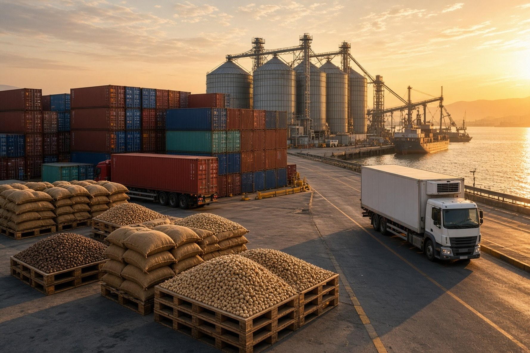 Food cargo containers at a Turkish port and export logistics