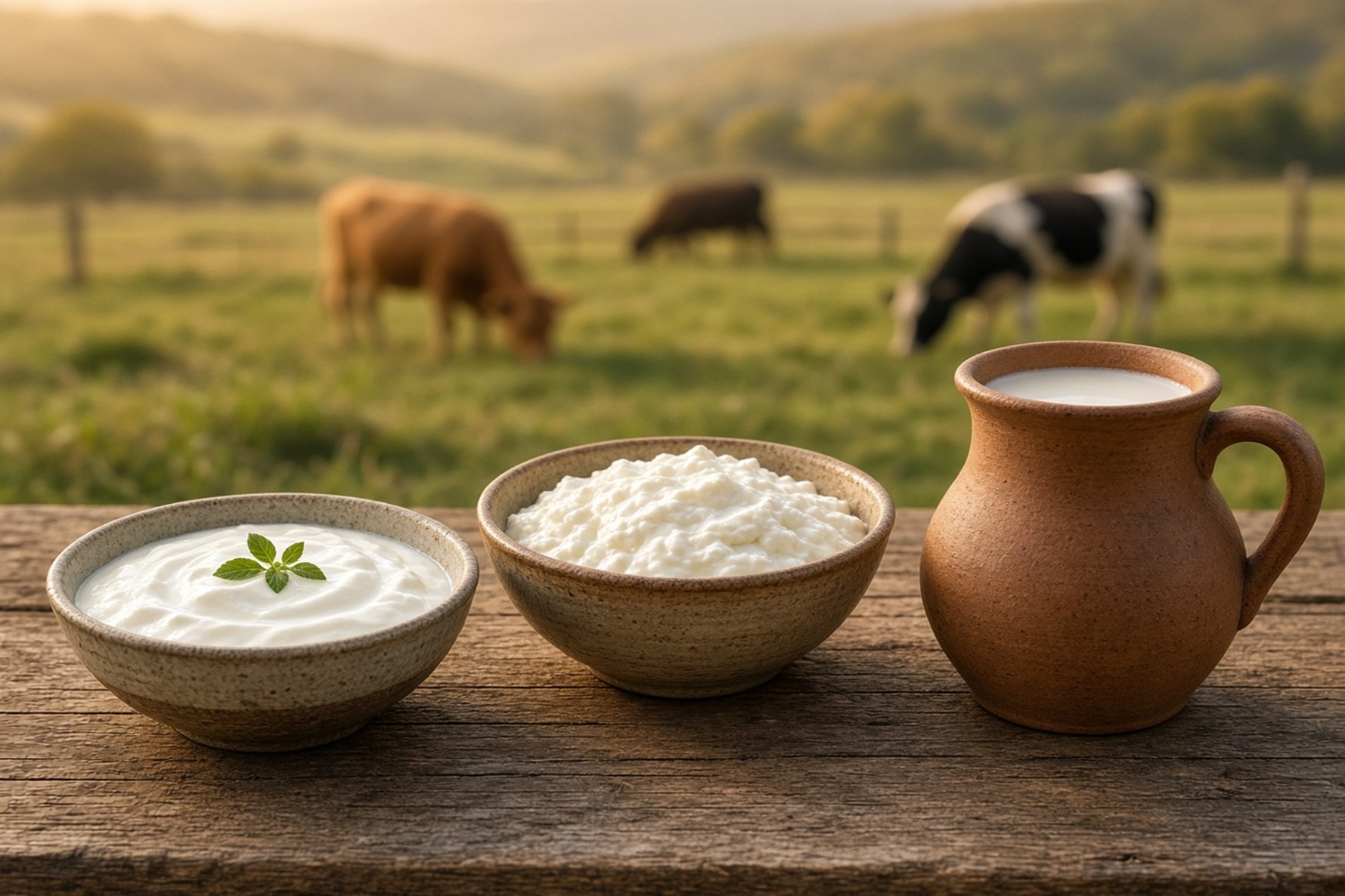 Fresh strained Greek yogurt in a green dairy pasture setting
