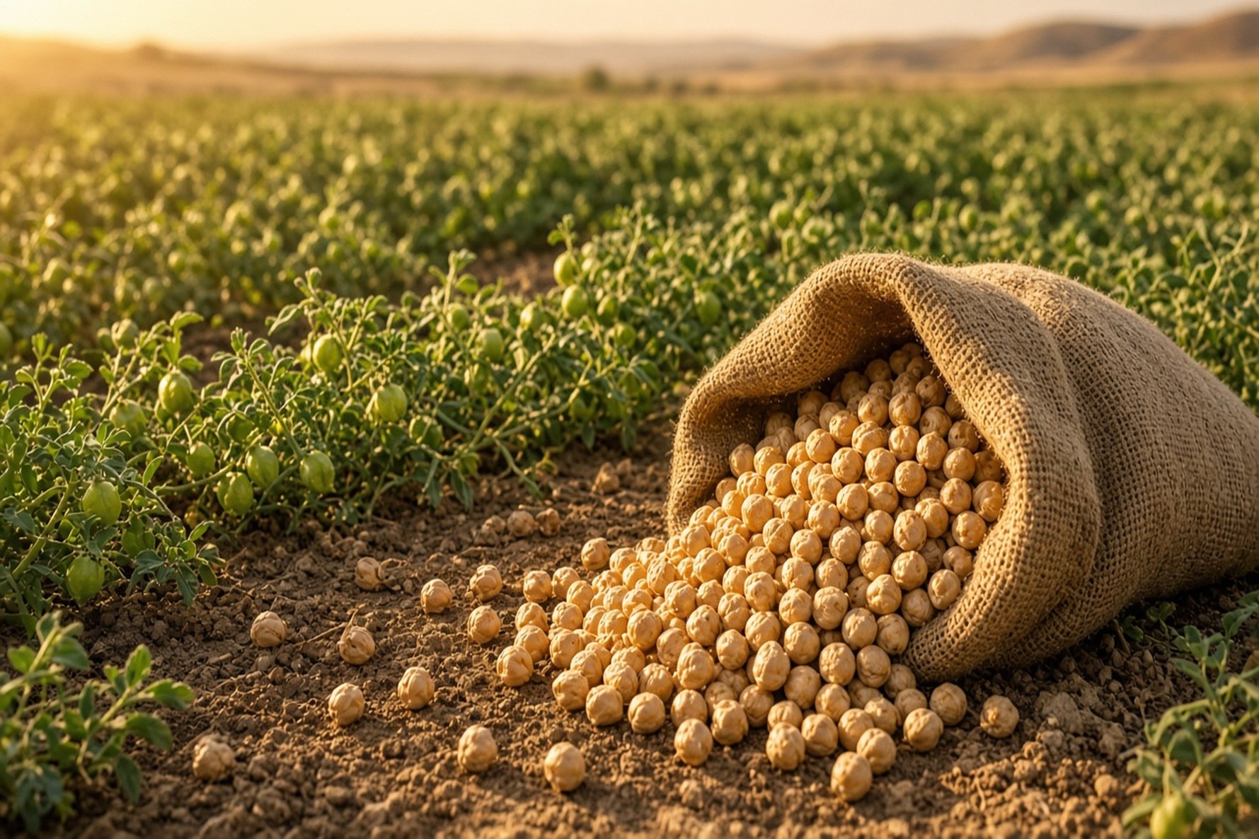 Kabuli chickpeas in burlap on a rain-fed field in western Iran