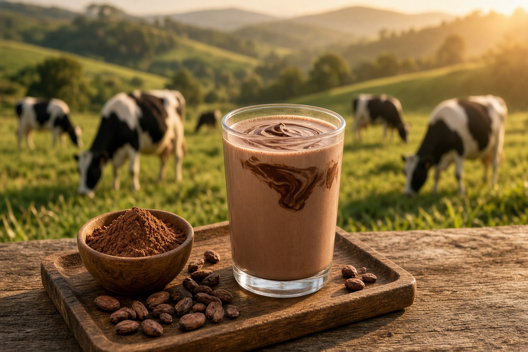 Fresh chocolate milk in a Mazandaran dairy pasture setting
